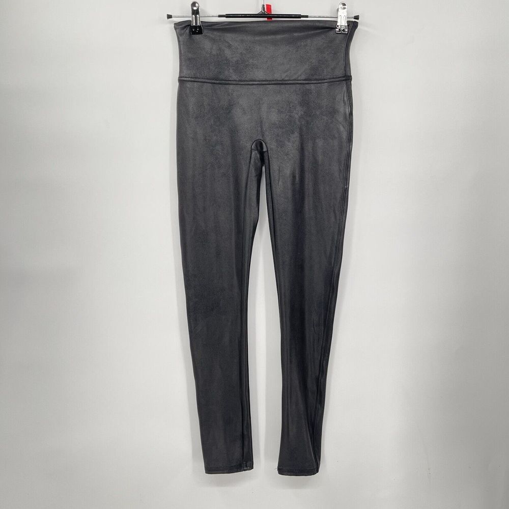 Spanx Medium Petite Faux Leather Leggings Womens Black Metallic High Rise‎ Ankle